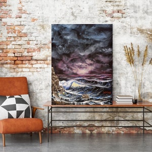 May include: A painting of a stormy seascape with dark clouds and waves crashing against the shore. The painting is framed and hanging on a brick wall.