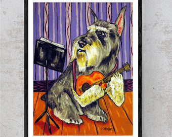 schnauzer canvas print, schnauzerart, dog wall decor, dog print canvas, guitar player, dog lover, gift,ready to hang, animal decor, giclee