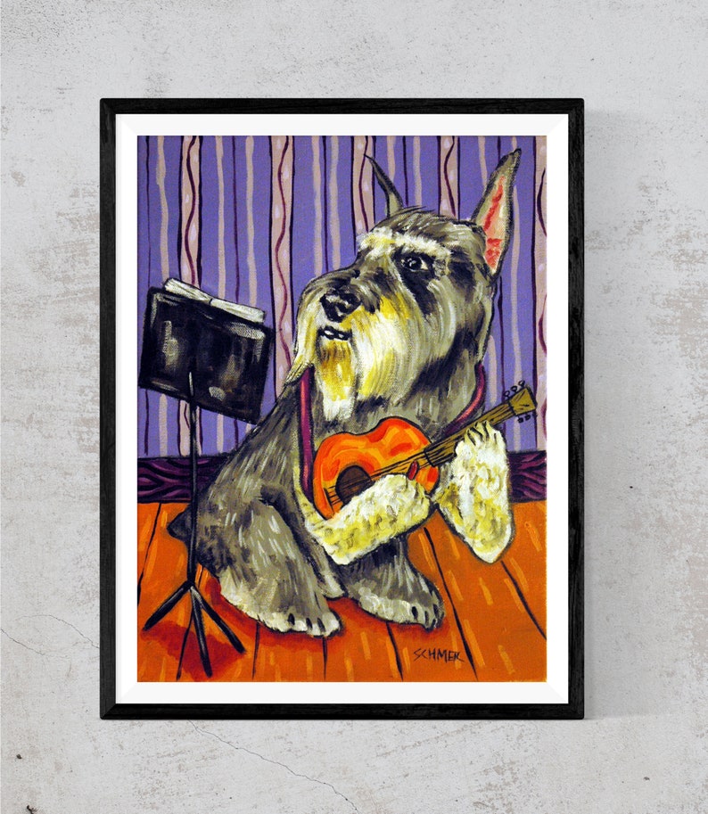 schnauzer canvas print, schnauzerart, dog wall decor, dog print canvas, guitar player, dog lover, gift,ready to hang, animal decor, giclee image 1