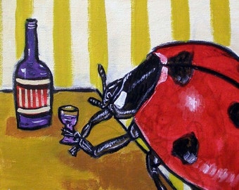 Ladybug at the Wine Bar Insect art tile coaster - home decor