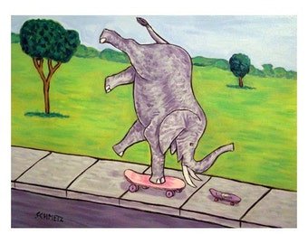 Elephant and Mouse Skateboarding Art Print