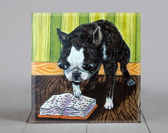 Boston Terrier Reading Dog Art coaster tile - multiple sizes