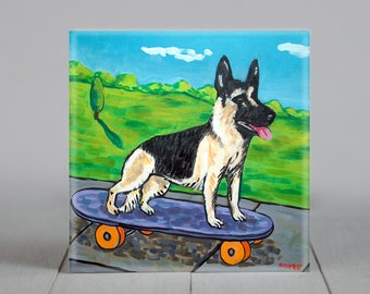 german Shepherd artwork, skateboarding decor, dog lover gifts, animal decor, square coaster, deorative art tile, modern folk