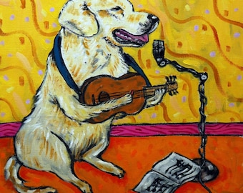 golden retriever guitar player dog art coaster tile gift gifts