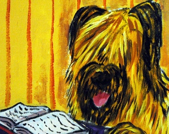 briard reading - dog art - coaster tile - animal lover gifts - home library decor