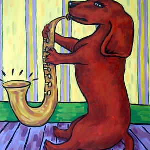 dachshund art Dachshund Playing a Saxophone Dog Art Print dachshund gifts image 1