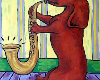 dachshund art - Dachshund Playing a Saxophone Dog Art Print - dachshund gifts