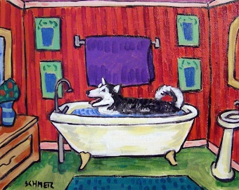husky taking a bath dog art print - animal decor - bathroom wall art
