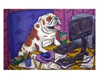 bulldog art - Bulldog Working on a Computer Dog Art Print 13x19 JSCHMETZ modern POP art FOLK art abstract