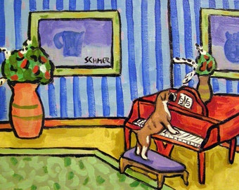 Boxer Playing Piano Dog Art Print  JSCHMETZ modern abstract folk pop art gift