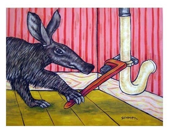 Aardvark plumber animal art print - stretched canvas or paper print - multiple  sizes