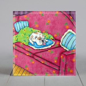 Bulldog taking a nap on the couch dog art tile coaster gift - multiple sizes available