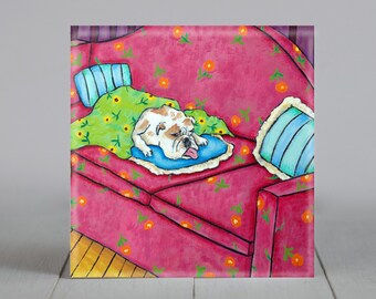 Bulldog taking a nap on the couch dog art tile coaster gift - multiple sizes available