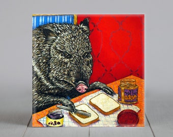 Javelina Making PB&J Coaster Tile - Animal Art Gift - Handmade Ceramic - Multiple Sizes Available
