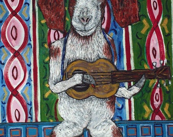 goat playing guitar art print on ready to hang stretched canvas - music home decor