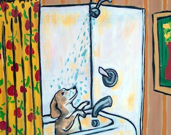 beagle tile - beagle art - Beagle Taking a Shower Dog Art coaster tile Gift - beagle gifts - coaster