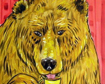 Brown Bear at the Coffee shop animal art on ready to hang streched canvas print - multiple sizes - home decor