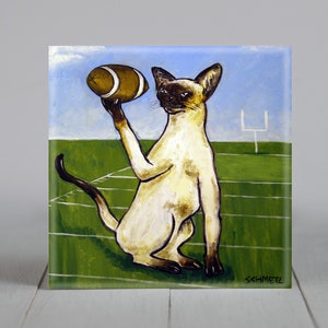 Siamese cat art tile coaster - football decor - multiple sizes