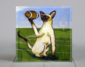 Siamese cat art tile coaster - football decor - multiple sizes