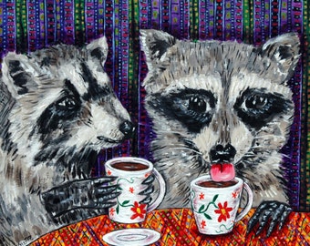 raccooon at the coffee shop - tile coaster - animal decor - gift