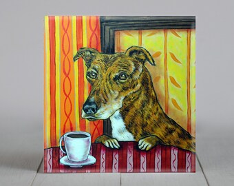 greyhound at the coffee shop - dog art - tile coaster - gift - multiple sizes available