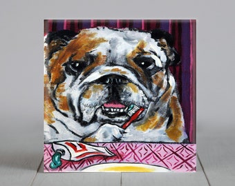 Bulldog coaster - dog art tile - birthday gift - dentist decor - dog decor - gift for dog owner - fathers day gift