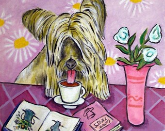 skye terrier at the coffee shop dog art tile coaster gift