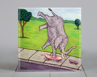 Elephant artwork mouse art - gift for skateboarder - animal lover gift - sqaure coaster - ceramic tile - modern folk