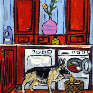 German shepherd doing laundry dog art print on matte or glossy paper - animal decor - multiple sizes