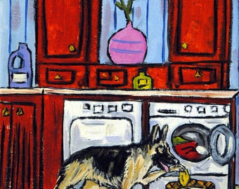 German shepherd doing laundry dog art print on matte or glossy paper - animal decor - multiple sizes