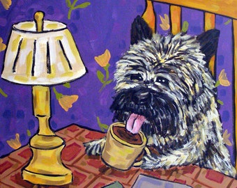 cairn terrier at the coffee shop dog art on ready to hang canvas print - multple sizes available