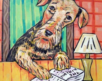 Airedale Terrier Reading a Book Dog Art Tile Coaster
