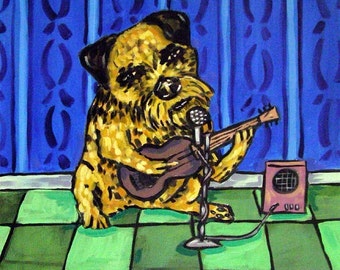 Border Terrier Playing Guitar Dog Art coaster tile - multiple sizes
