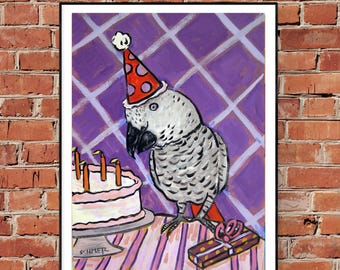 Celebratory African Grey Parrot Birthday Bash Art Print - 13x19