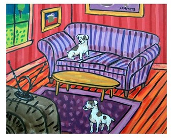 Jack Russell Terriers Watching Television Dog Art Print   JSCHMETZ modern abstract folk pop art AMERICAN ART gift