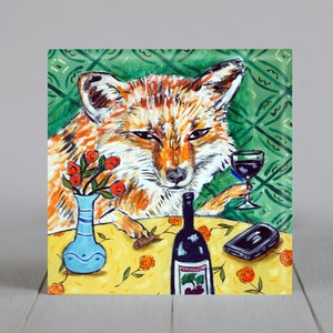 May include: A painting of a fox sitting at a table with a glass of red wine, a bottle of wine, and a vase of red flowers. The fox is wearing a green shirt and has a cigar in its mouth.