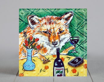Fox at the wine bar an imal decor art tile coaster - multple sizes available