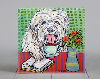 Old English sheepdog at the coffee shop dog art artwork tile coaster - multiple size available