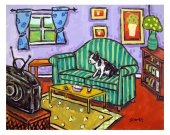 Boston Terrier dog art print in the Living Room Watching Television Dog Art Print 13x19 - mattre or glossy