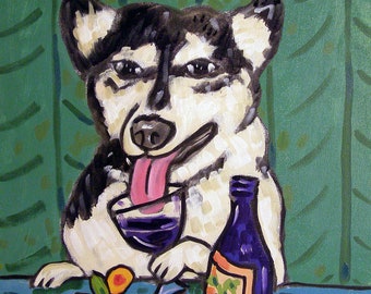 husky at the wine bar - dog art print -paper or canvas - multiple sizes