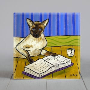 Siamese Cat Reading a Book Art Tile Coaster -  multiple sizes