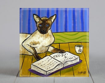 Siamese Cat Reading a Book Art Tile Coaster -  multiple sizes