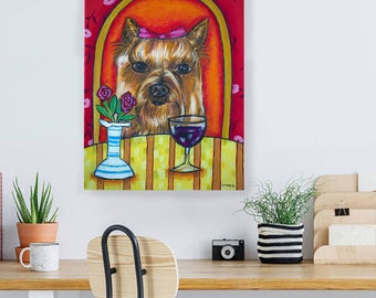 yorkshire terrier yorkie at the wine bar dog art print - stretched canvas or paper print - multiple sizes available