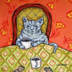 cat tile - cat art - Grey Cat at the Coffee Shop Cat Art coaster tile gift, cat gifts, gift