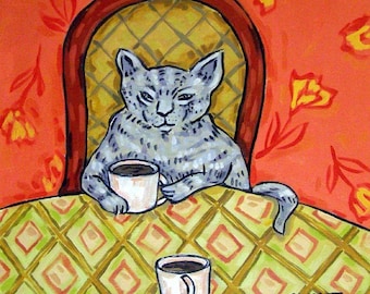 cat tile - cat art - Grey Cat at the Coffee Shop Cat Art coaster tile gift, cat gifts, gift