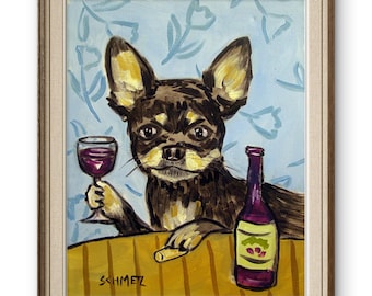 Lámina artística de chihuahua, arte de pared de perro con vino, retrato divertido de mascota, papel mate o brillante, decoración en lienzo estirado, regalo para amantes de los perros, carrito de bar
