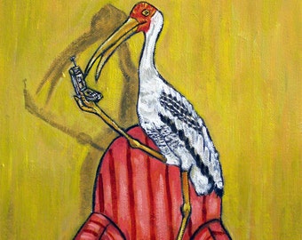 Painted Stork Talking to a Friend on the Phone Art Print  abstract folk pop art modern JSCHMETZ