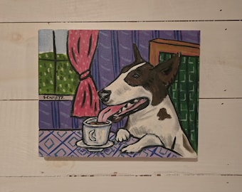 Original Bull Terrier Oil Painting at Coffee Shop - 8x10 Dog Art Gift for Animal Lovers