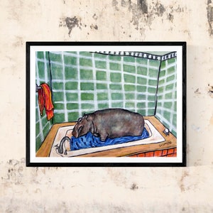 hippo taking a bathanimal art print on matte or glossy paper - multiple size home decor