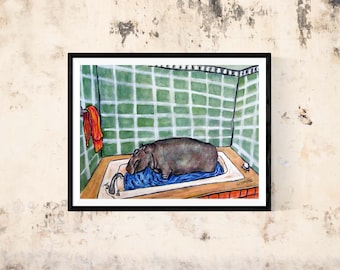 hippo taking a bathanimal art print on ready to hang stretched canvas - multiple size home decor